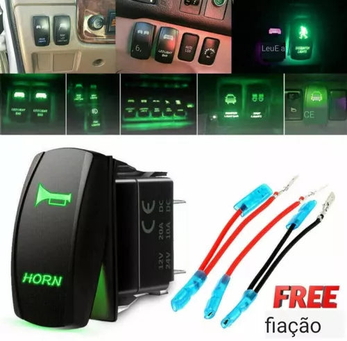 BOTÃO AUTOMOTIVO NÁUTICO BUZINA UNIVERSAL 12/24 VOLTS QUADRADO LED VERDE