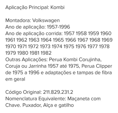 MAÇANETA COM CHAVES TRASEIRA SUPERIOR KOMBI PORTA MALAS 1957 À 1996 NOVA