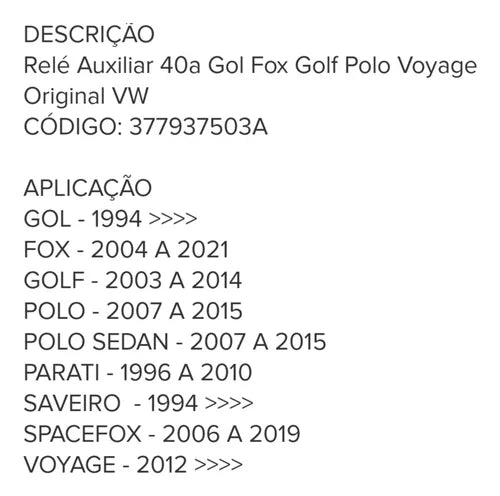 RELÉ AUXILIAR 40a GOL FOX GOLF POLO VOYAGE ORIGINAL VOLKSWAGEN NOVO